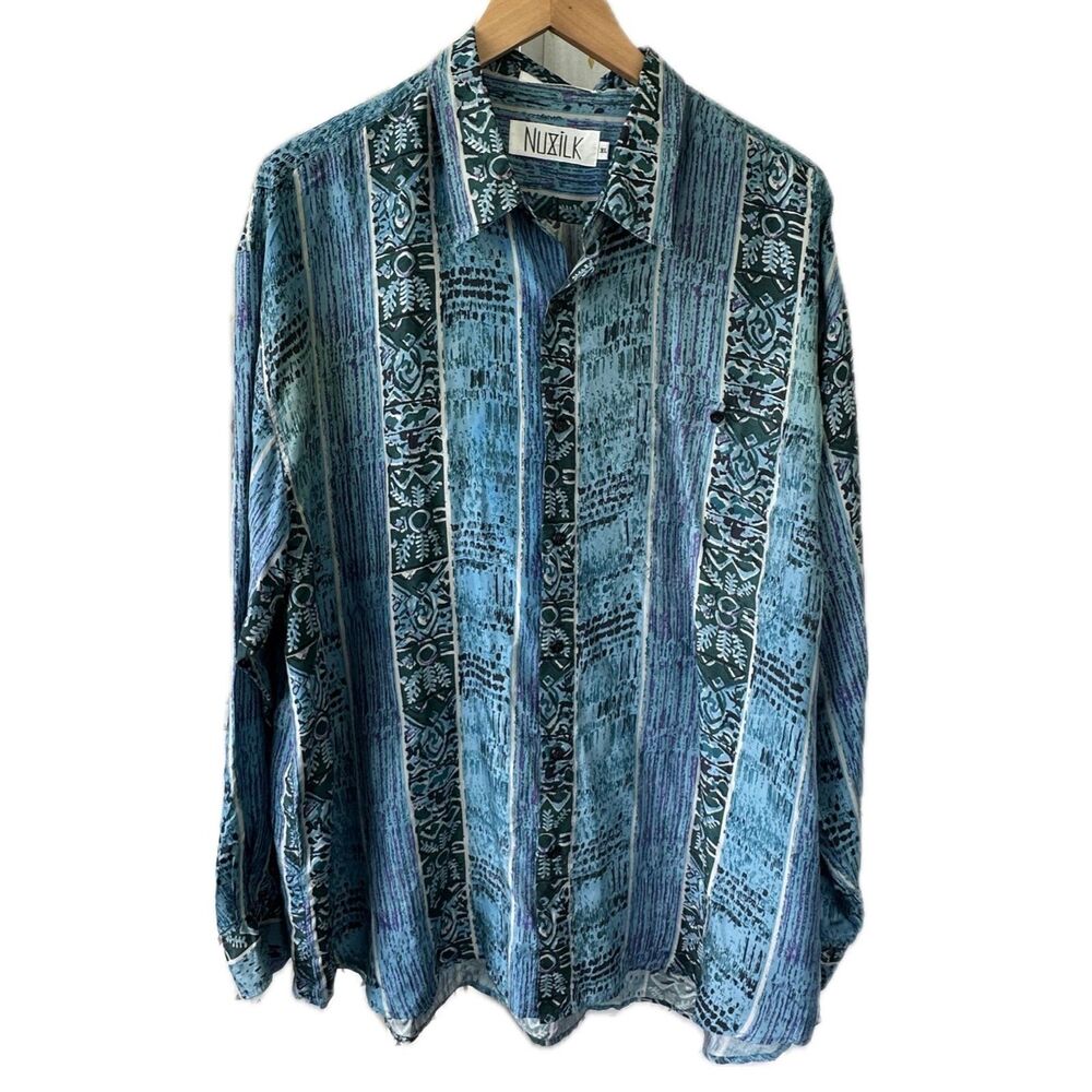 Nuxilk Men's 100% Silk 80s 90s Vintage Hawaiian Inspired Button Down Shirt XL